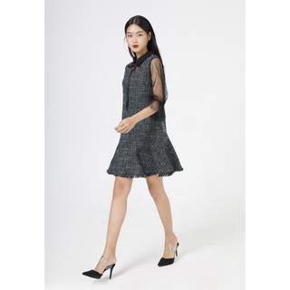 De Leah - Đầm Suông Tweed Pha Ren Lưới