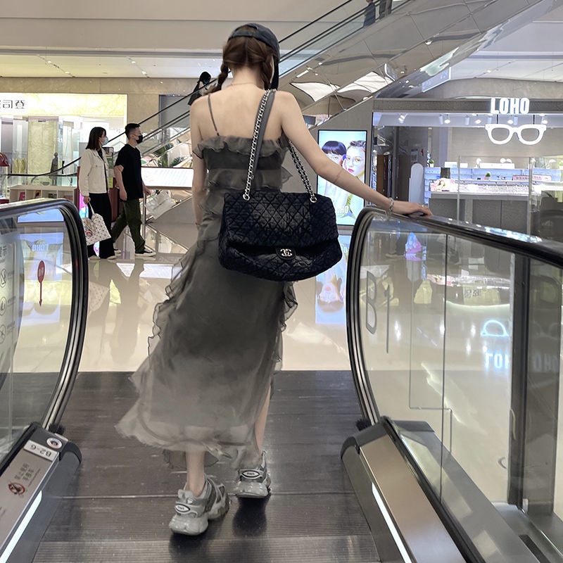 Jiashucheng Đầm Hai Dây Dáng Dài Tới Mắt Cá Chân Mỏng Ôm Eo Phong Cách Retro Màu Trơn Phong Cách Desire Cho Nữ