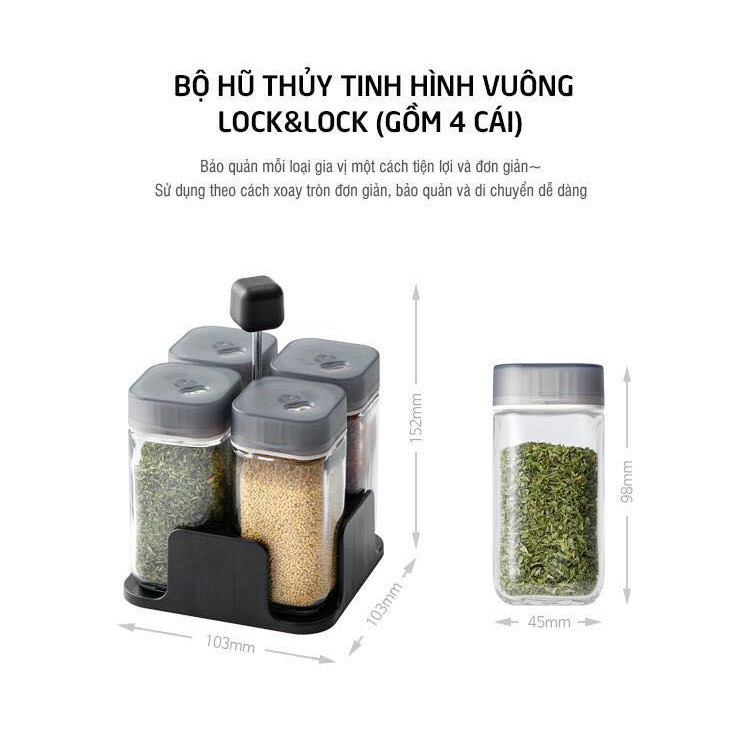 [Lock&Lock] Bộ 4 Hũ Thủy Tinh Gia Vị Kèm Khay Đựng -696