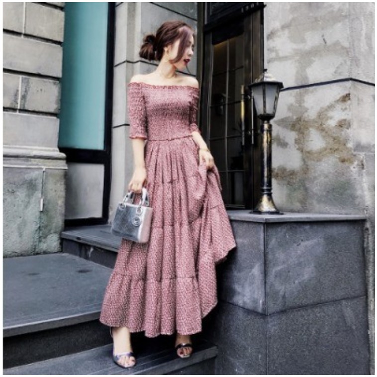 Đầm dạ tiệc hoạ tiết hoa thiết kế trễ vai phong cách Hàn Quốc | BigBuy360 - bigbuy360.vn