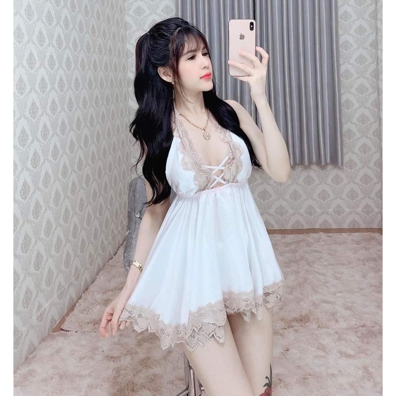 Váy ngủ sexy❣️FREE SHIP❣️ Đầm ngủ sexy yếm kèm quần vải vatin <60kg | BigBuy360 - bigbuy360.vn