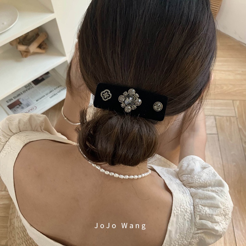 Kẹp Tóc Nhung Đen Đính Đá Lấp Lánh Phong Cách Vintage Hàn Quốc Cho Nữ