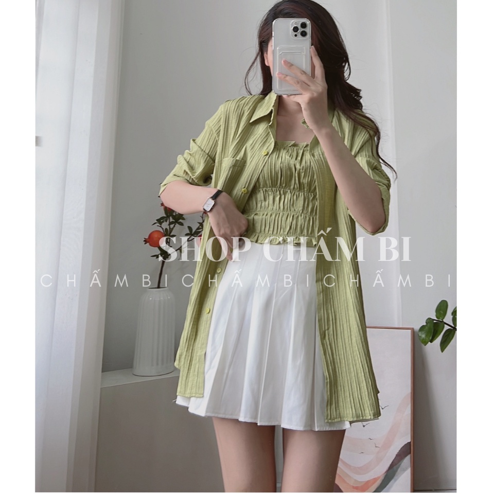 Áo kiểu nữ cách điệu A.332, Set áo sơ mi gân mỏng khoác ngoài cùng áo hai dây bo chun nhún tầng cực xinh - Shop Chấm Bi