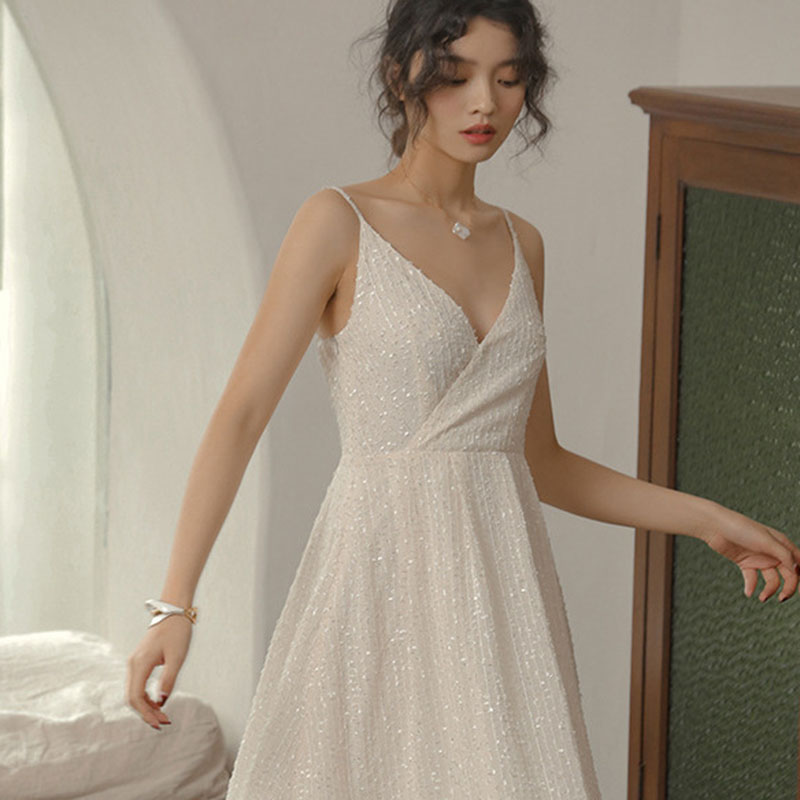 IELGY  Đầm Dài Hai Dây Màu Trắng Phong Cách Pháp Cổ Điển Thời Trang Cho Nữ