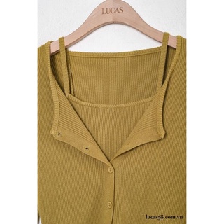 Áo len đen rêu: áo 2 dây basic, cardigan mỏng cùng màu