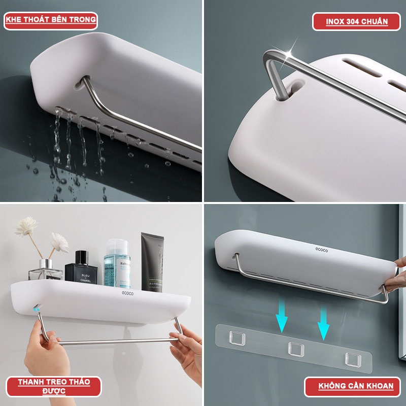 Kệ để đồ nhà tắm ECOCO cao cấp không cần khoan tường có móc treo khăn inox 304 chuẩn