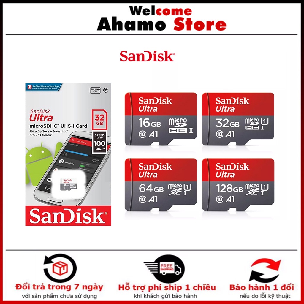 Thẻ nhớ 64GB 32GB 16GB Micro SD SanDisk tốc độ 100 MB/s chuyên dụng cho camera smartphone loa đài BẢO HÀNG 5 NĂM