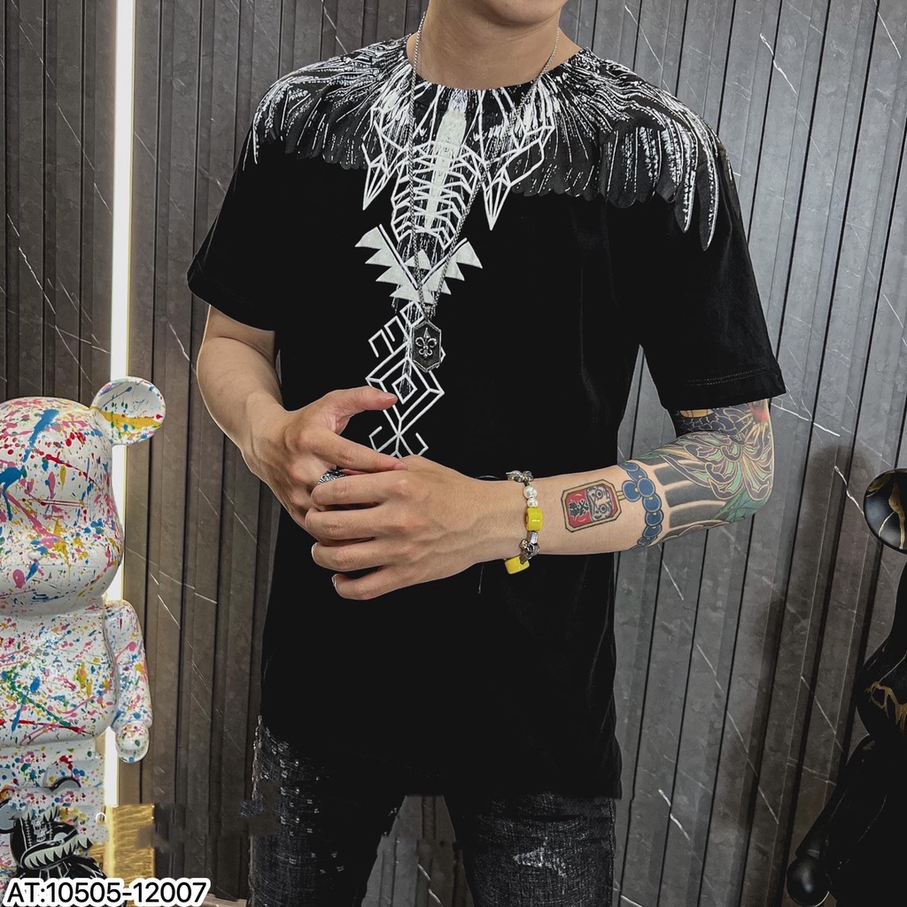 Áo phông nam nữ họa tiết cánh chim đại bàng phong cách hiện đại 2 màu đen trắng