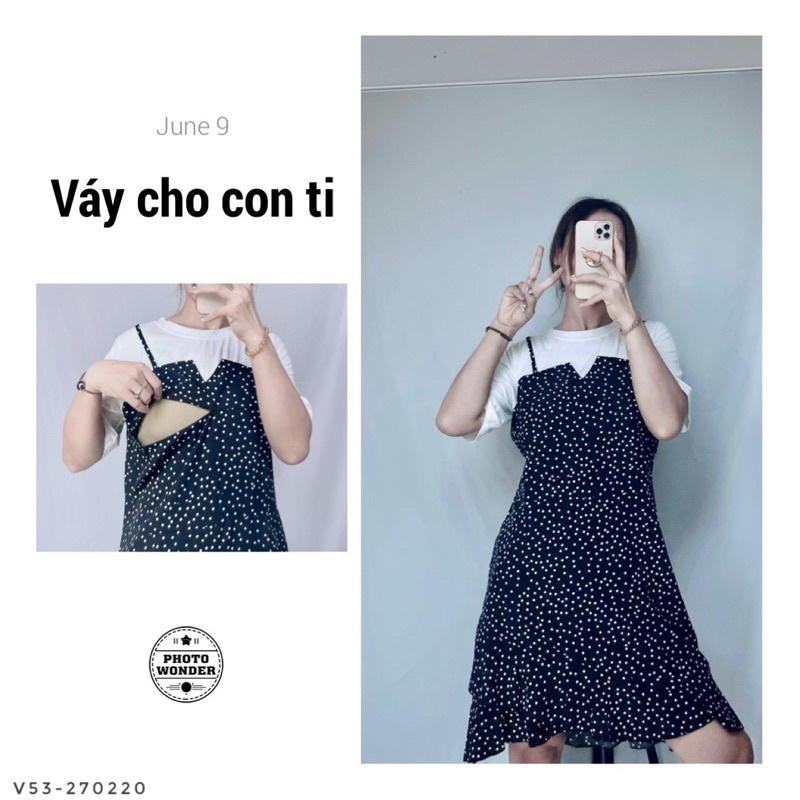 v53 váy giả yếm chấm bi cho con bú