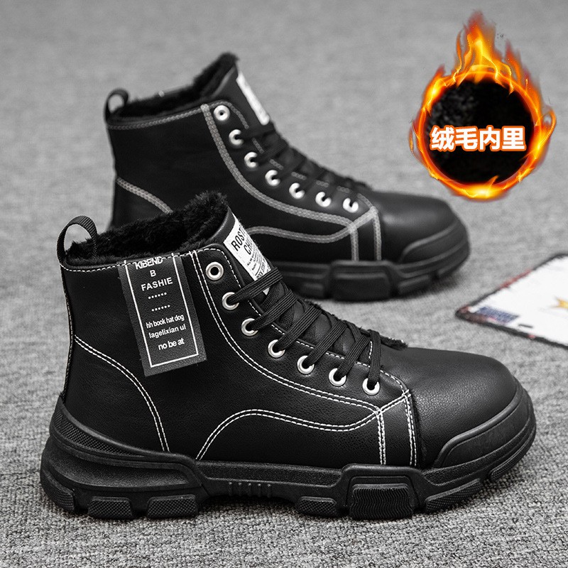 Giày Bốt Da Cổ Cao Lót Cotton Giữ Ấm Thời Trang Mùa Thu Cho Nam 2021