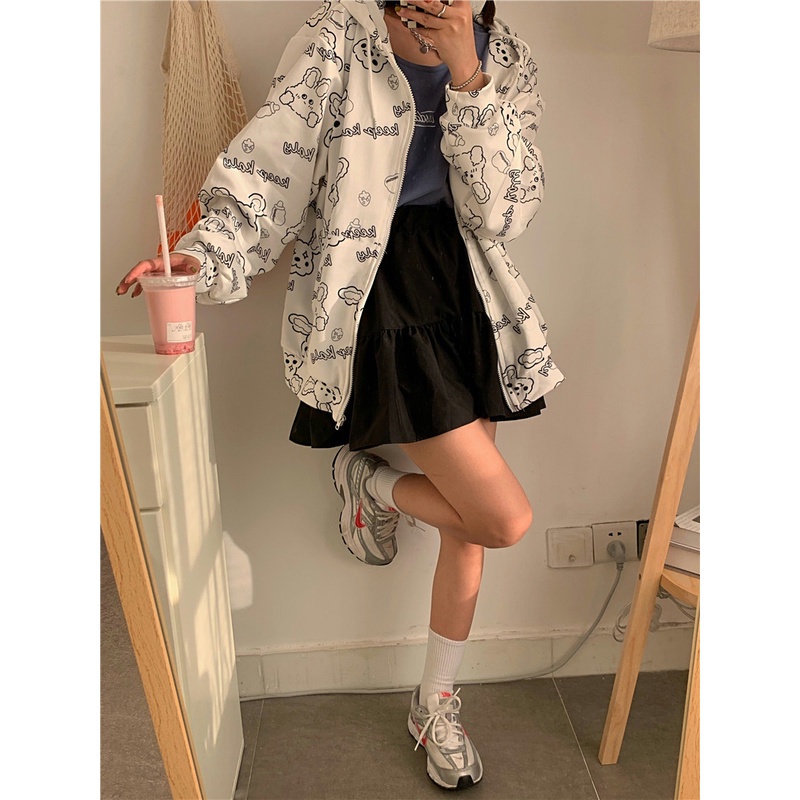 Áo Hoodie Tay Dài Dáng Rộng Phối Khóa Kéo In Họa Tiết Thời Trang Dễ Phối Đồ