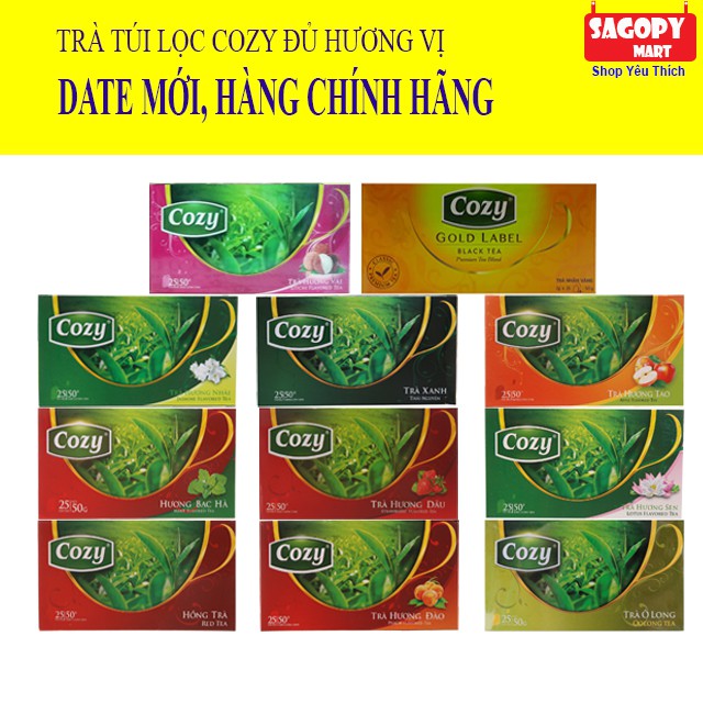 [Chính Hãng] Trà Túi Lọc Cozy 50gr (2g x 25 túi) Đủ hương vị: Đào, Hồng Trà, Lài, Táo, Vải, Olong, Bạc Hà, Trà Xanh,...