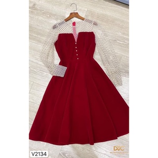 [CAO CẤP] Váy nhung phối lưới ren chấm bi - 2134