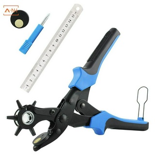 Leather Hole Punch, Heavy Duty Revolving Punch Plier Tool with 2 Extra Punch Plates and Ruler, Multi Sized Puncher for Belts, Crafts, Card, Rubber, etc.
