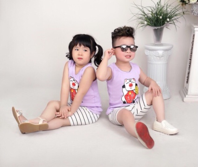 Xả kho_ Bộ ba lỗ áo heo thần tài quần kẻ ngang bé trai bé gái