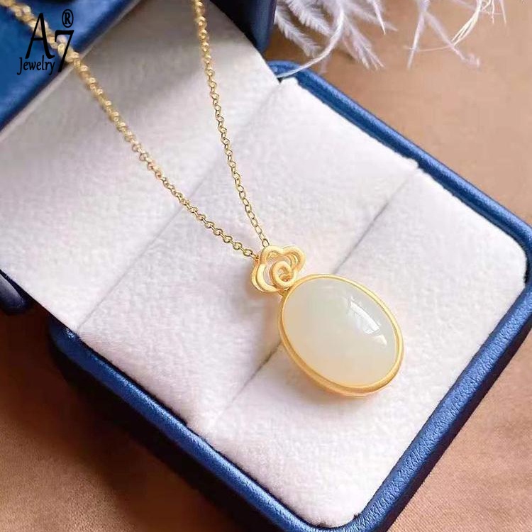 Vòng cổ Bạc 925 Mặt Đá Ngọc Bích Trắng Hình Oval Kiểu Dáng Thanh Lịch Dành Cho Nữ