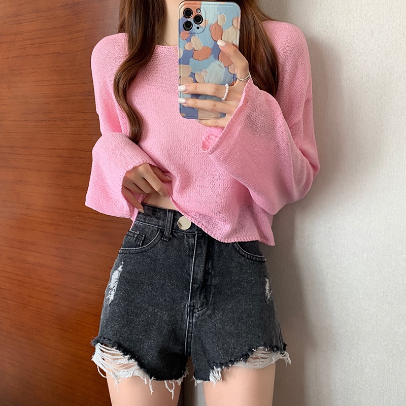 SUXI Áo Dệt Kim Tay Dài Dáng Rộng Màu Sắc Đơn Giản Dễ Phối Đồ Dành Cho Nữ