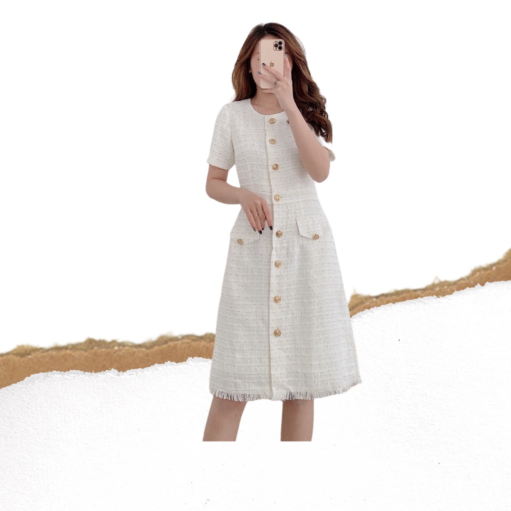 Đầm dạ tweed trắng cộc tay Lalastyle