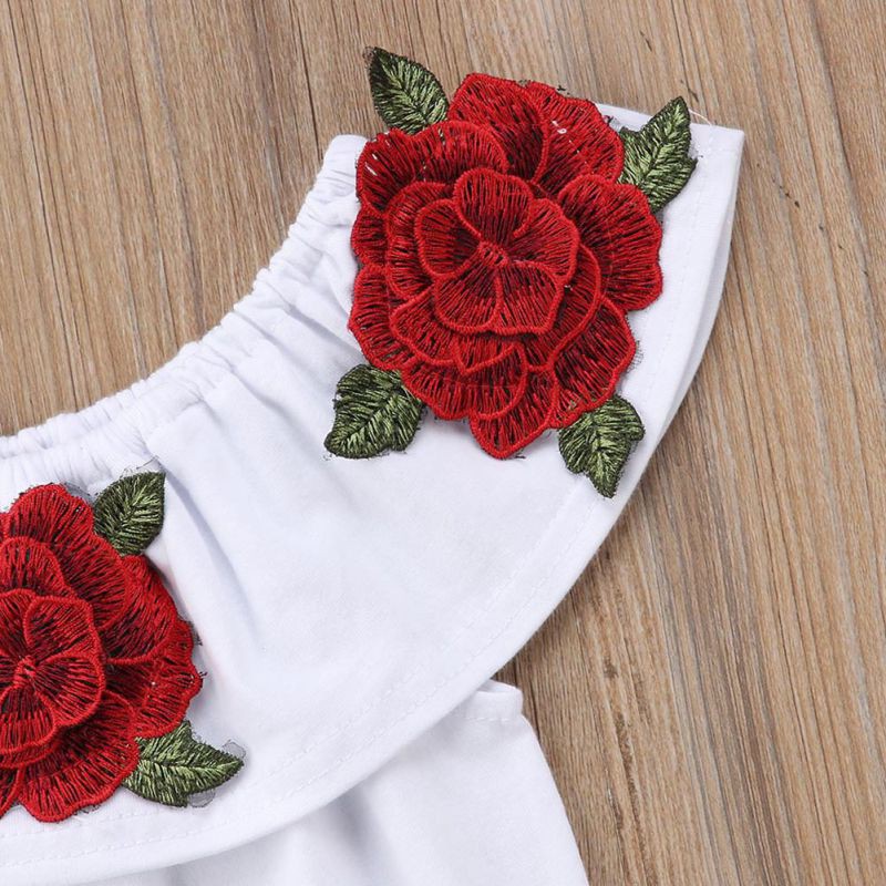 Bộ áo trễ vai in hoa + Chân váy ngắn cho bé gái