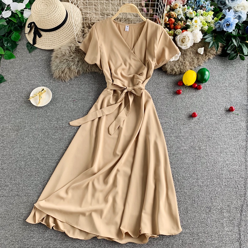 Phụ Nữ Retro Trơn Tay Ngắn Midi Đầm Cao Eo A-line Đầm Đi Biển