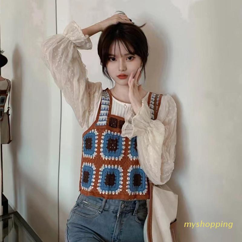 Áo Croptop Dệt Kim Không Tay Phong Cách Boho Nhiều Màu Sắc Dành Cho Nữ