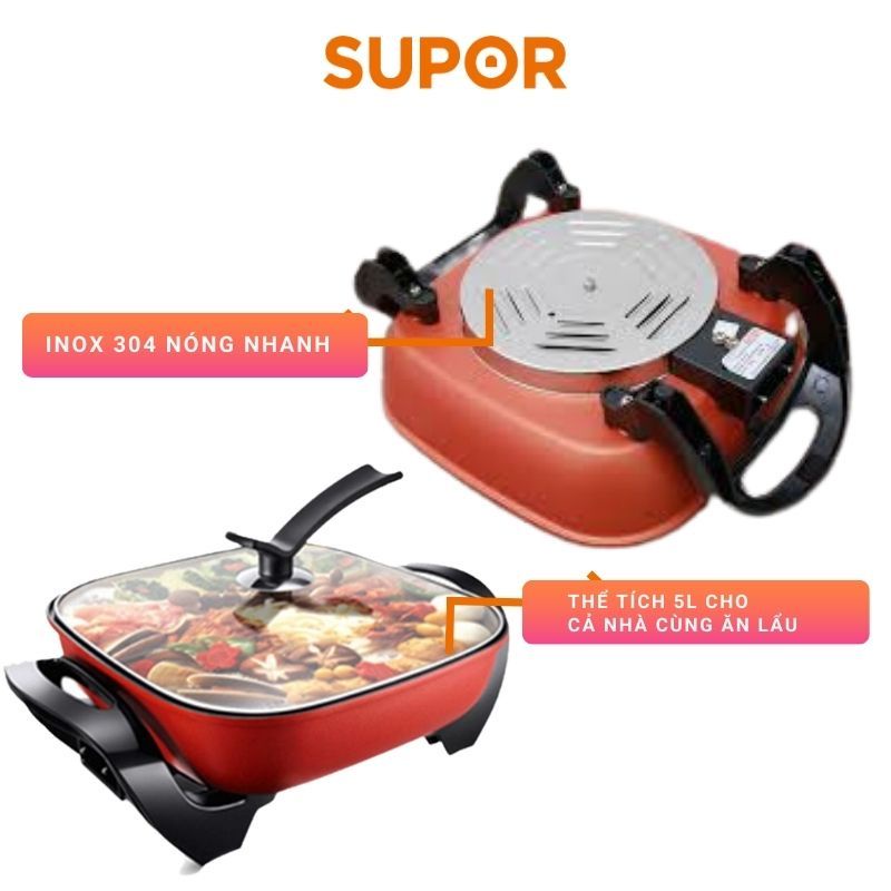 Lẩu điện cao cấp phủ men chống dính đa năng Supor vung kính bảo hành 12 tháng chính hãng H30FK802VN-136 5 lít