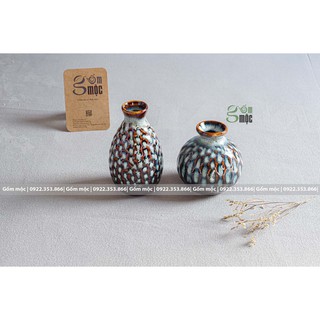 Bộ 2 lọ hoa mini men hỏa biến vân tổ ong đá magma, gốm Bát Tràng