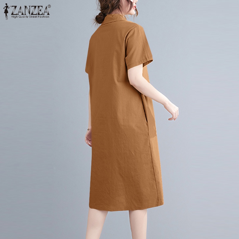 Đầm midi Zanzea tay ngắn cổ bẻ có túi phong cách vintage thời trang cho nữ