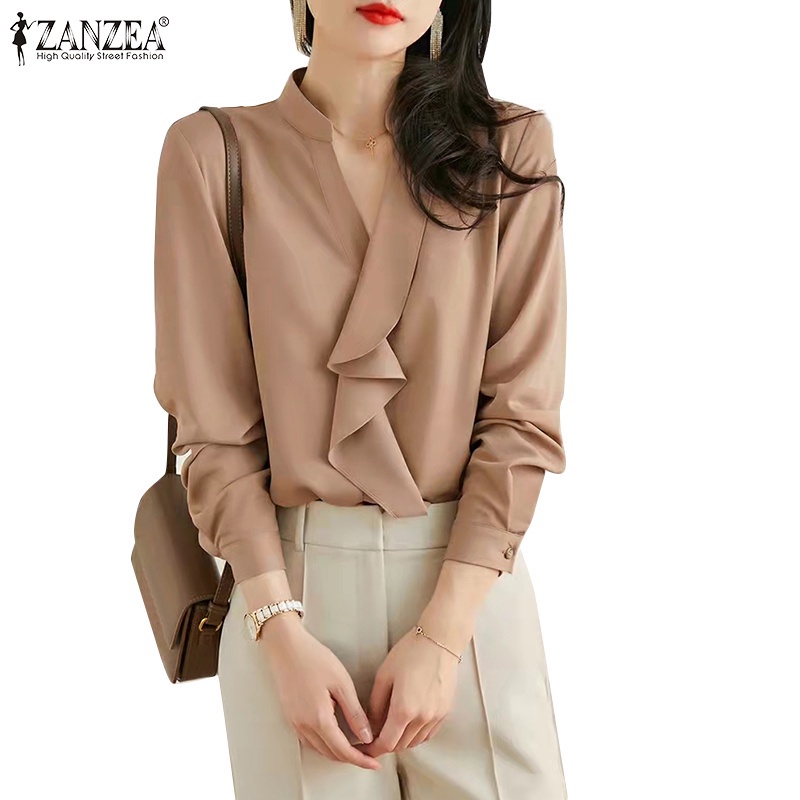 Áo sơ mi ZANZEA cổ V xếp li dài tay có nút ở cổ tay phong cách công sở cho nữ