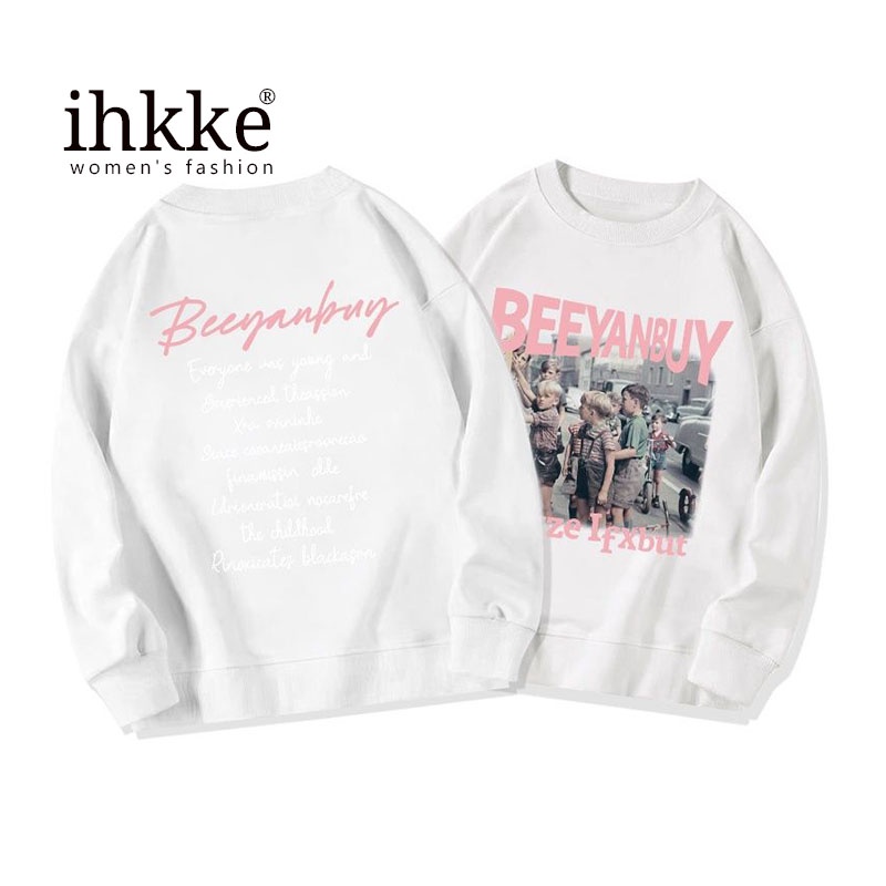 Áo sweater Ihkke dáng rộng phong cách retro Mỹ cho nữ