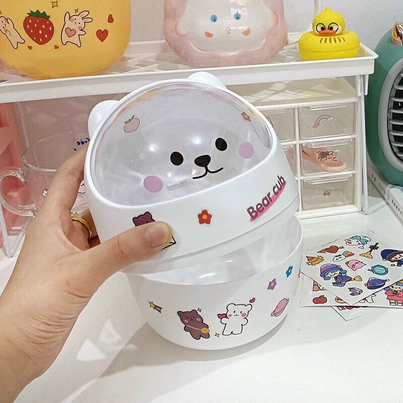 Thùng Rác MiniGIADUNGTONGKHO1 Giỏ Đựng Rác Để Bàn Có Nắp Mini Tặng Kèm Sticker, Hình Chú Gấu,Đáng Yêu Đa Năng Tiện Lợi