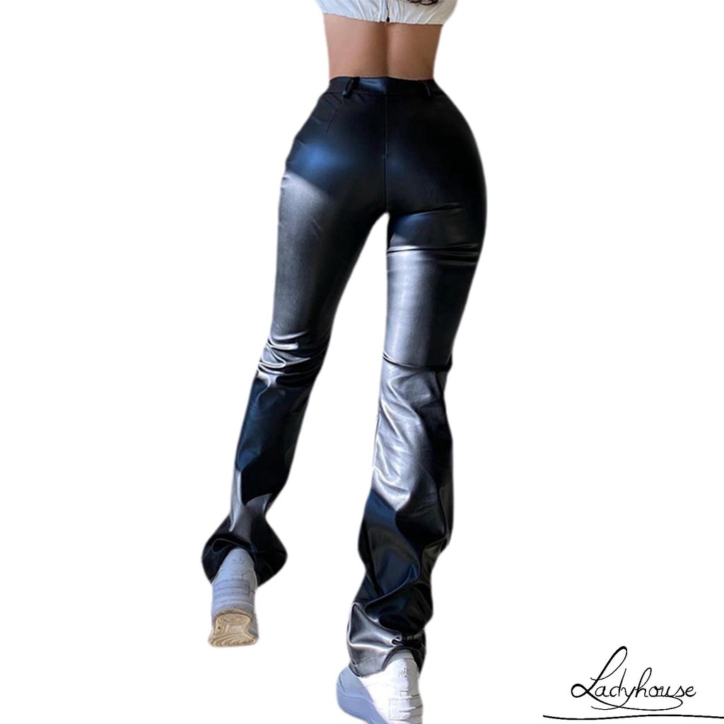 Quần da PU ống rộng lưng cao phối túi thời trang cho nữ