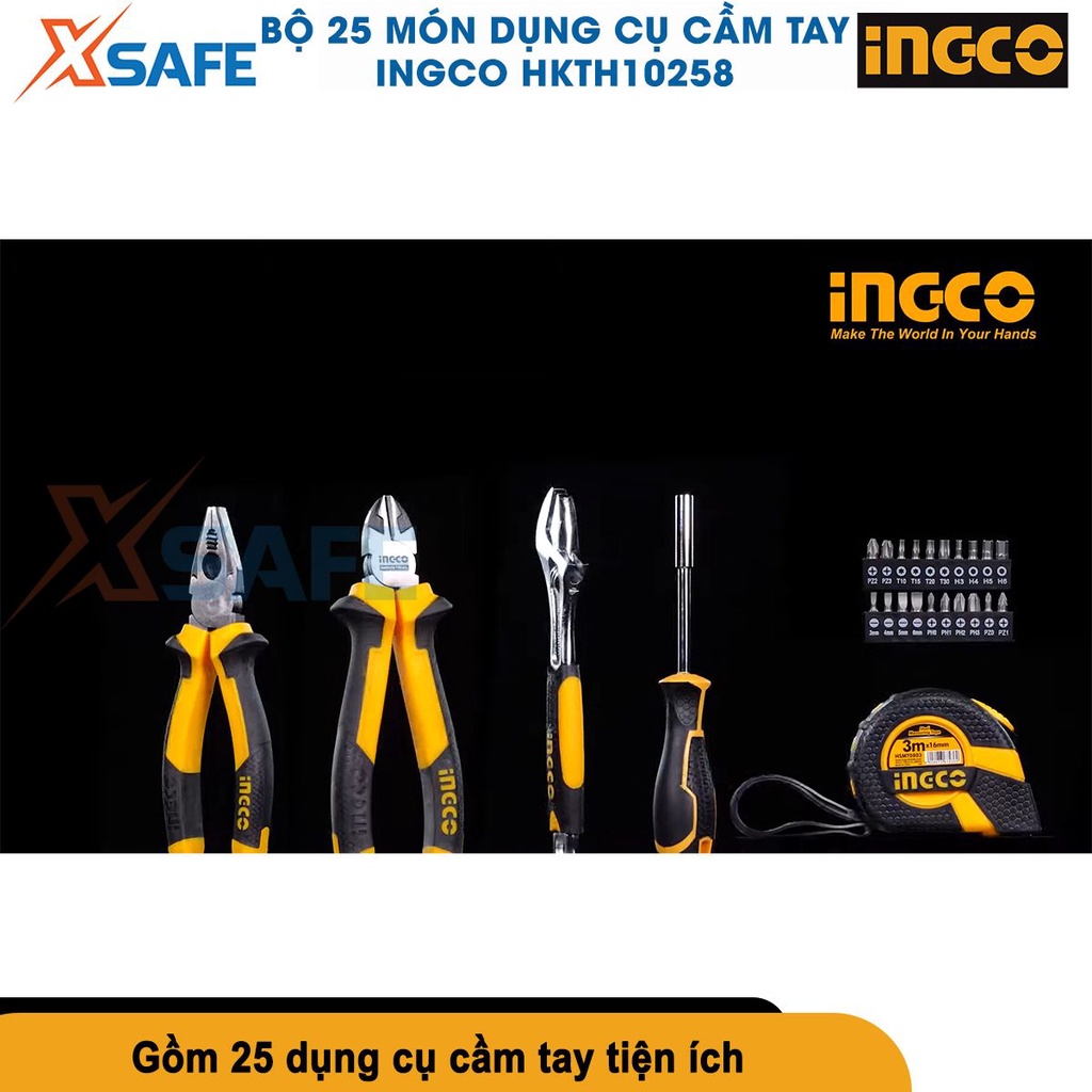 Bộ 25 dụng cụ cầm tay INGCO HKTH10258 gồm 2 kềm,1 mỏ lết,1 thước cuộn,1 chuôi và 20 mũi vít [chính hãng][xsafe]