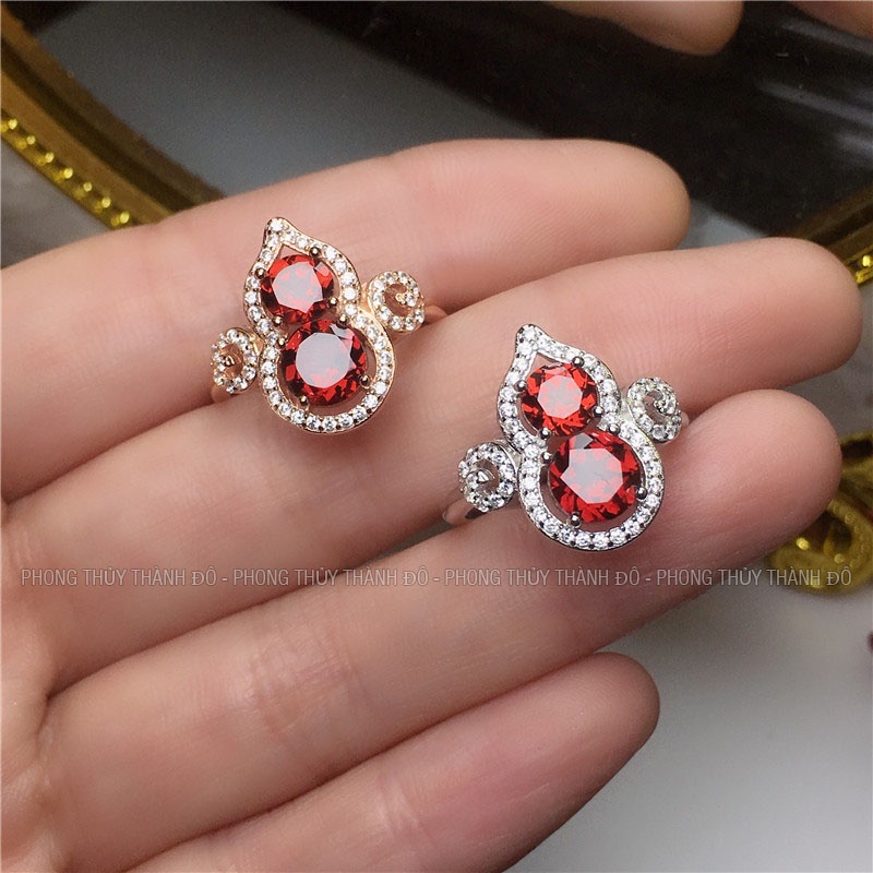 Nhẫn Hồ Lô Chiêu Tài Lộc, May Mắn, Bạc S925, Đá Chủ Garrnett Thiên Nhiên, Chất Trong, Lửa Mạnh - Phong Thủy Thành Đô