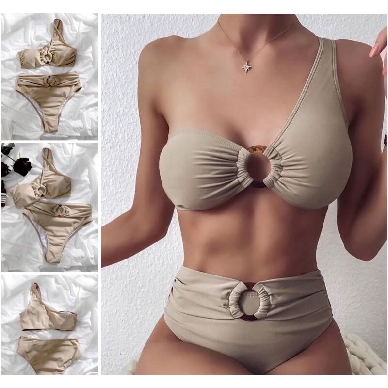 Bikini lệch vai màu xám nude siêu tây