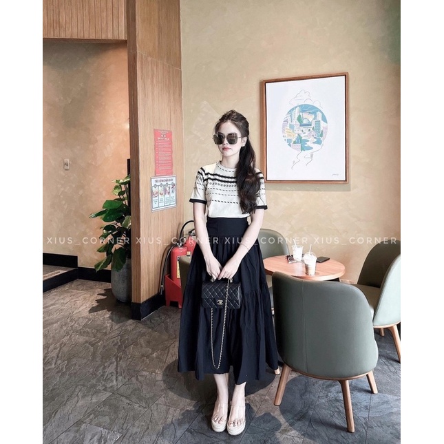 ÁO LEN KẺ ĐEN TAY CỘC CỔ TRÒN MS16772