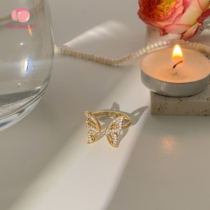 Nhẫn Hở Mạ Vàng Hình Cánh Bướm Đính Đá Zircon Lấp Lánh Có Thể Điều Chỉnh Phong Cách Hàn Quốc