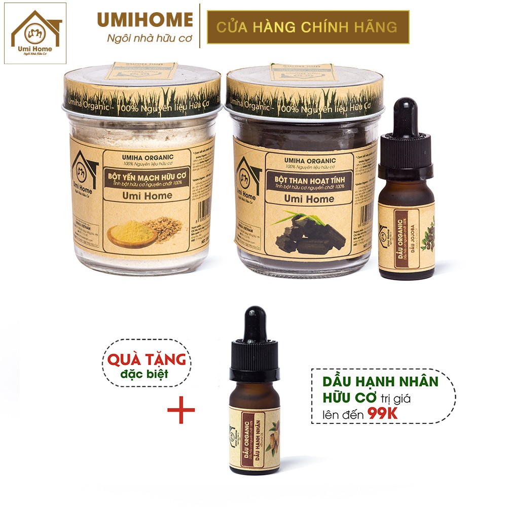 Combo Tẩy Trang, Dưỡng Da UMIHOME gồm Tinh Dầu Jojoba 10ml, Bột Than Tre 125g, Bột Yến Mạch 125g.Tặng Dầu Hạnh Nhân 10ml