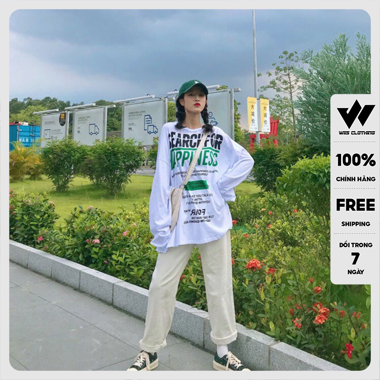 Áo thun tay dài WIIS phông unisex form rộng HAPPINES sweater nam nữ oversize ulzzang