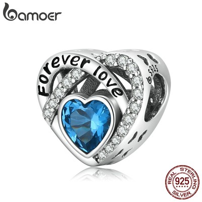 Hạt xỏ trang trí Bamoer Bsc535 bằng bạc 925 hình trái tim đính đá pha lê màu xanh dương dùng làm vòng đeo tay DIY