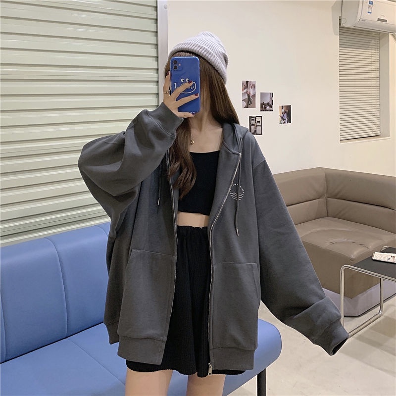 Áo khoác hoodie có khóa kéo dáng rộng mẫu mới phong cách Hàn Quốc mới thời trang mùa thu dành cho nữ