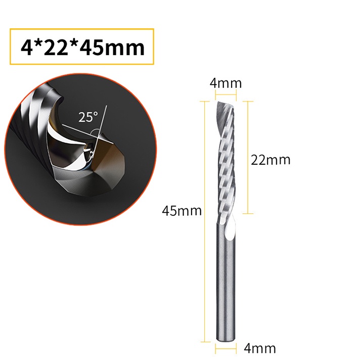 Dao xoắn 1 me chính hãng thân 4mm CNC chuyên phay,cắt gỗ,nhựa, acrylic, nhôm tấm, mica, MDF, PVC,…