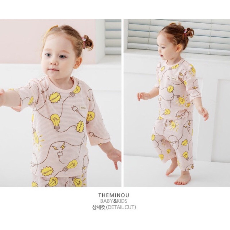 (130) Bộ tay lỡ cotton giấy xuất Hàn hoạ tiết bóng đèn The Minou 2 màu