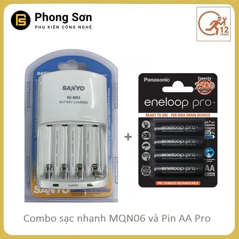 Combo Sạc Pin AA/AAA MQN06 Sanyo ( Sạc Nhanh ) + Pin Sạc AA Vỉ 4 Viên 2500 MAh Eneloop Pro