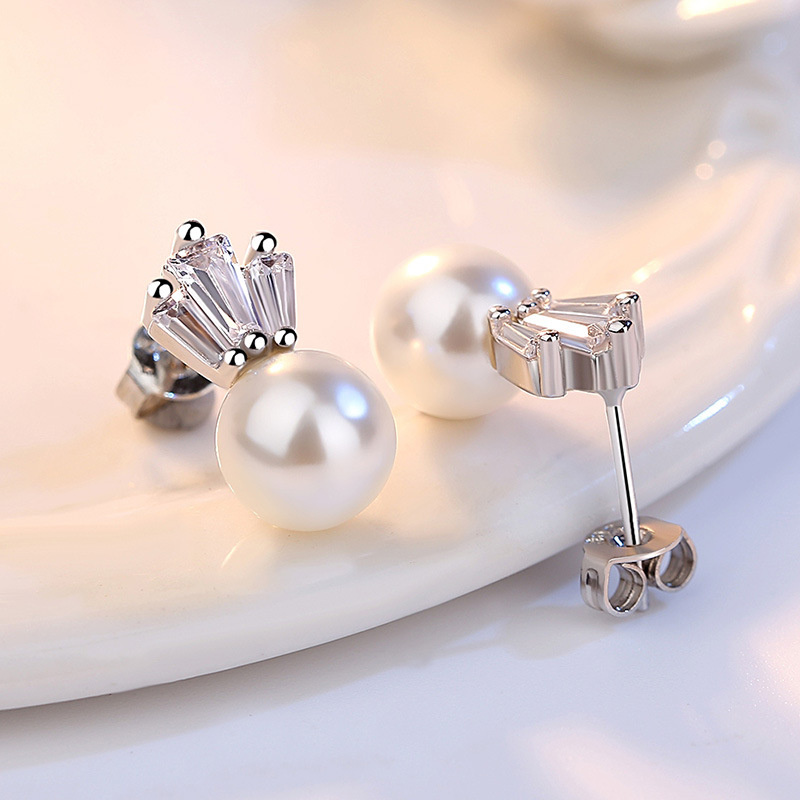 Bông Tai Xỏ Lỗ Hình Vương Miện Bằng Bạc 925 Đính Ngọc Trai Thời Trang Hàn Quốc Đơn Giản Cho Nữ-S1