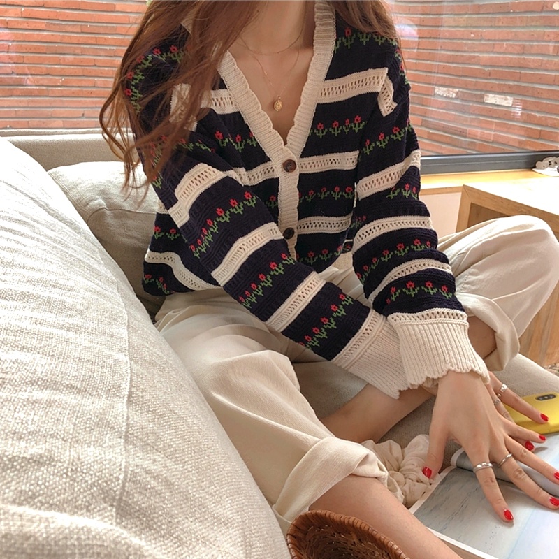 Áo Khoác cardigan Dệt Kim Họa Tiết Kẻ Sọc / Hoa Thời Trang Hàn Quốc Cho Nữ