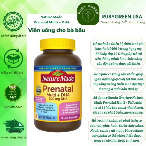 Vitamin bà bầu, Vitamin tổng hợp Bầu Mỹ Nature Made Prenatal Multi + DHA 150 viên