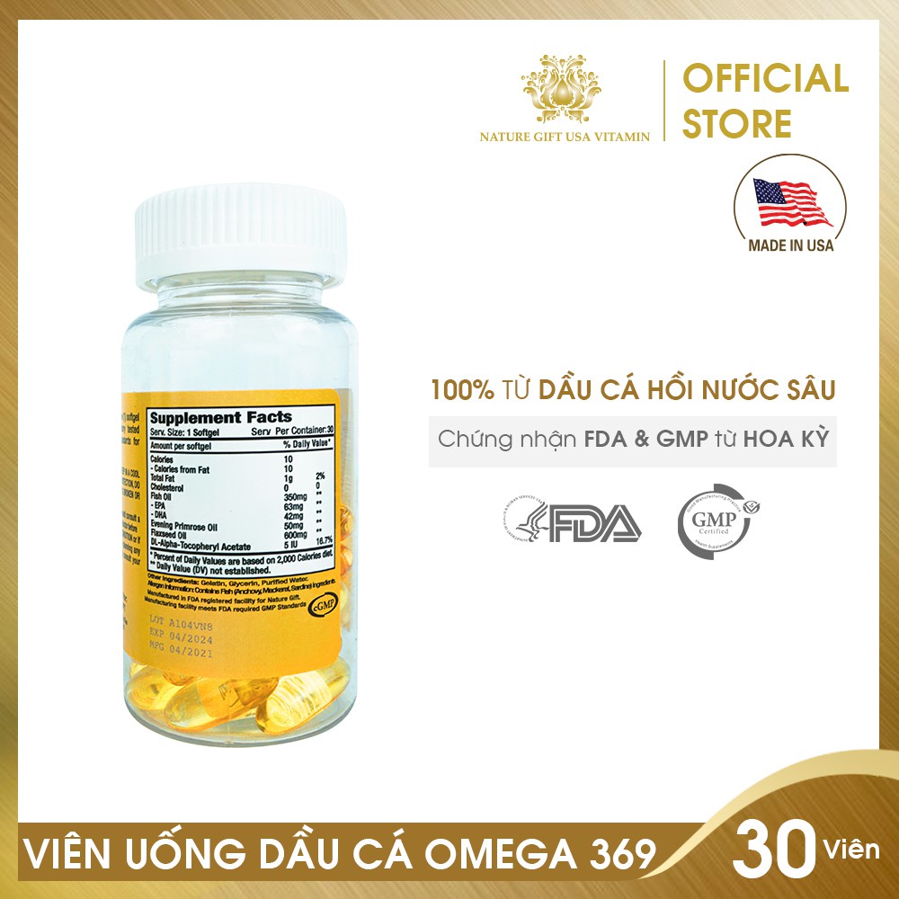 Viên Uống Dầu Cá Omega 369 của Mỹ,  Tốt Cho Tim Mạch, Bổ Mắt và Não - Nature Gift USA (30 viên)