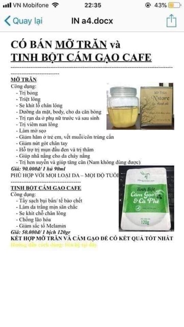 Combo bột cám gạo cafe+ mỡ trăn