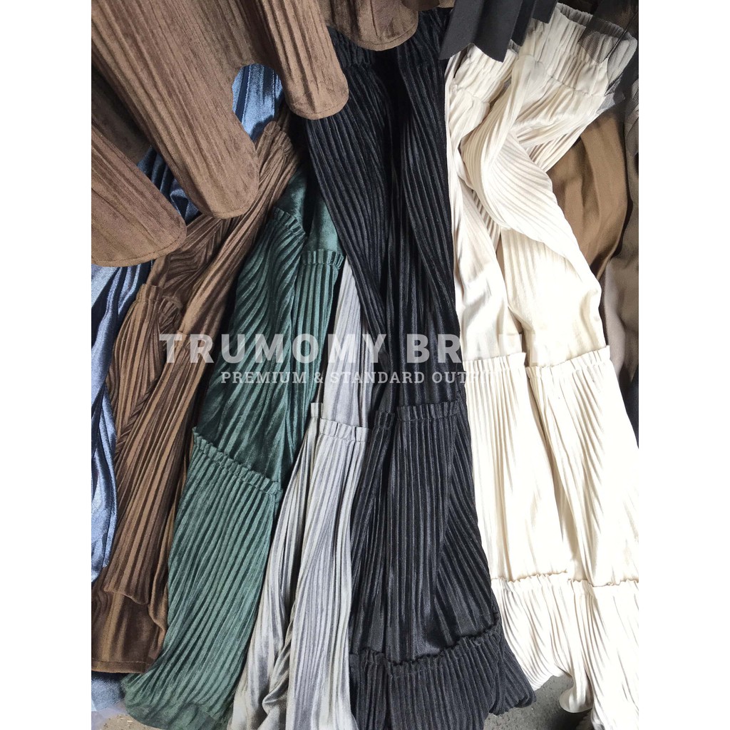 Chân váy nhung xếp ly xòe dài Vintage Quảng Châu phối 2 viền bèo, cạp cao, lưng thun, dài qua gối - Trumomy | BigBuy360 - bigbuy360.vn